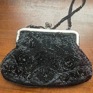 Beaded Evening Clutch Satin Kiss Lock with Beaded Strap